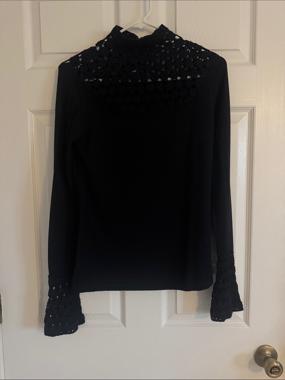 Boston Proper Black Long Sleeve Crochet Yoke Top